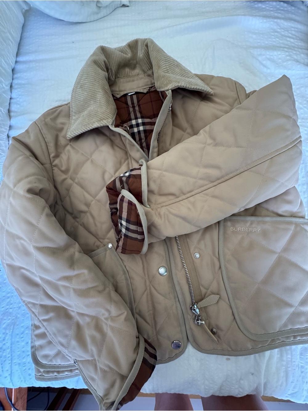 Burberry Quilted Tan Puffer Jacket with Check Trim